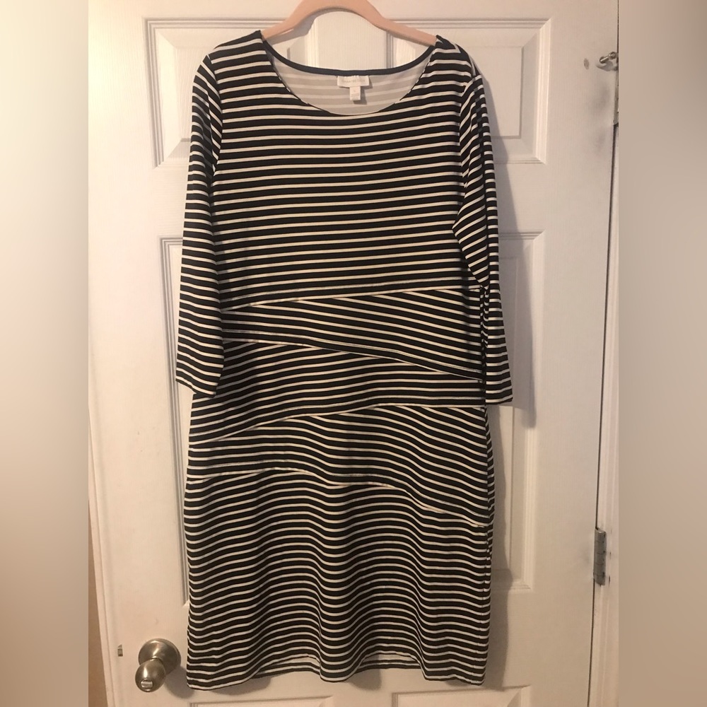 Charter Club 3 Quarter Sleeves Black/White Stripe Dress Womens Large